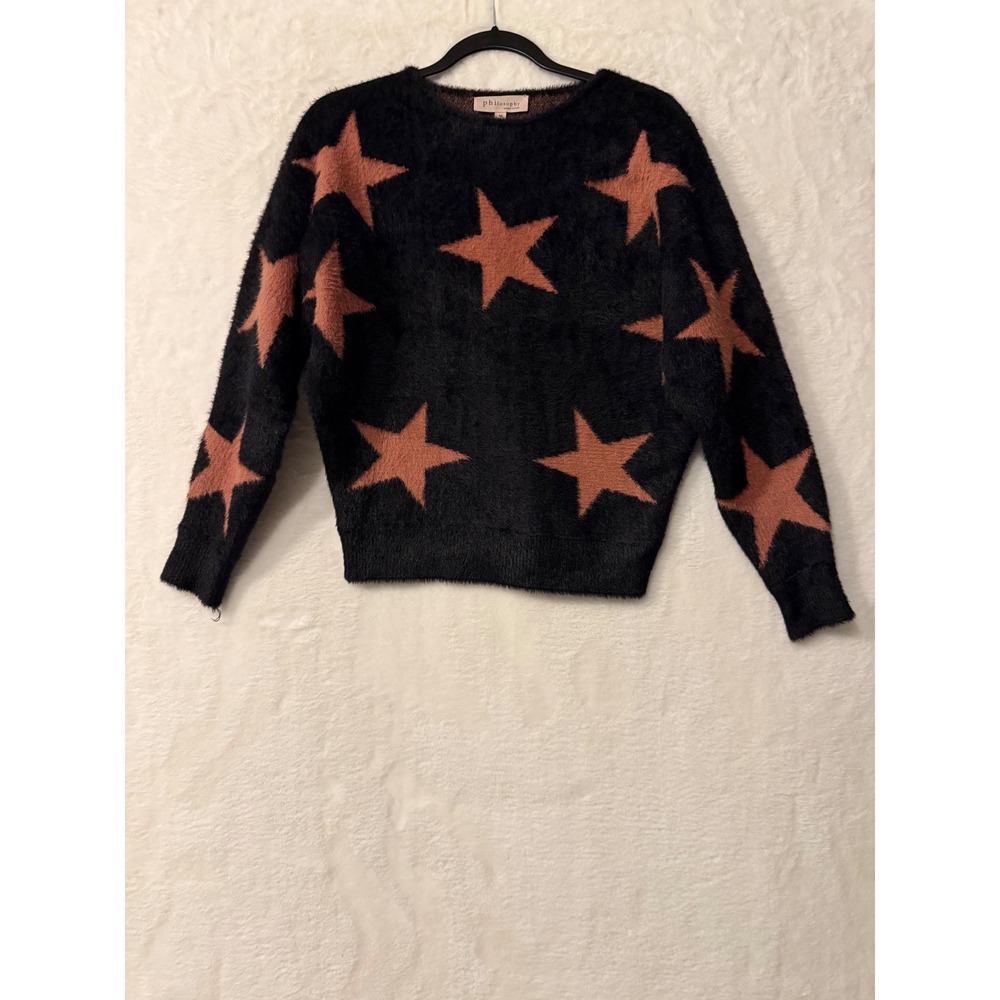 Philosophy Republic Clothing Womens Star Fuzzy Knit Sweater Black Pink Medium